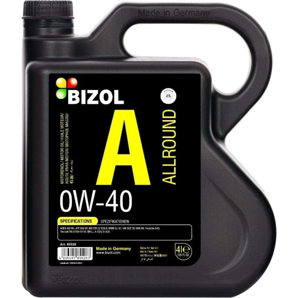 Синтетическое моторное масло Bizol Allround 0W-40, SN A3/B4