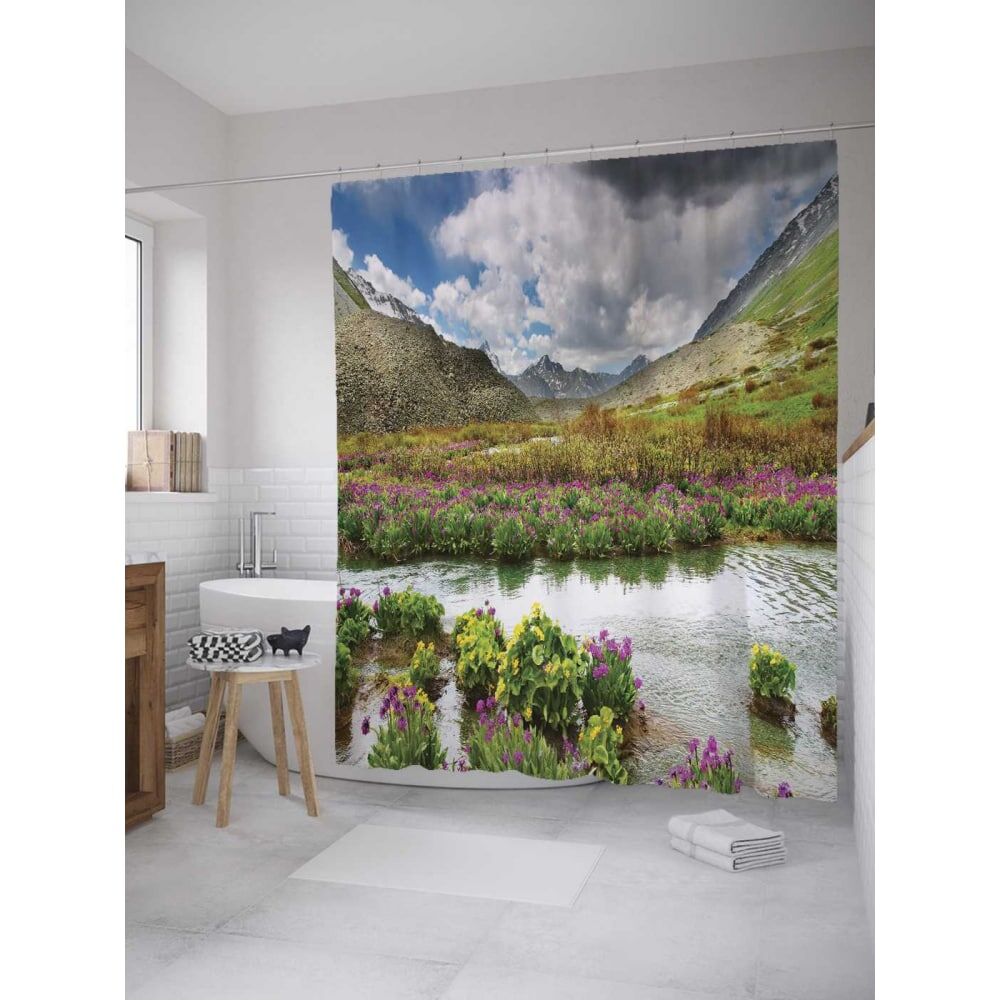 Шторка-занавеска для ванной JOYARTY Горный пейзаж с цветами