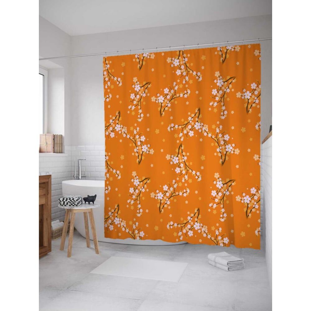 Шторка-занавеска для ванной JOYARTY Цветы на оранжевом фоне
