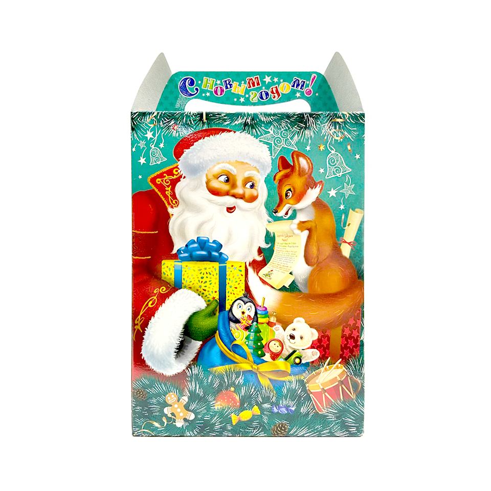 Коробка для новогоднего подарка картонная 150х80х265/315 "Дед Мороз и Лиса" на 1кг