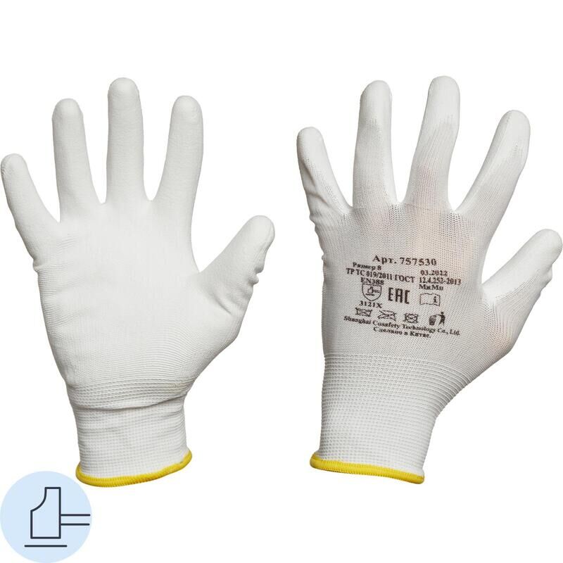 Перчатки рабочие защитные нейлоновые с полиуретановым покрытием белые (13 класс, размер 8, M) NoName