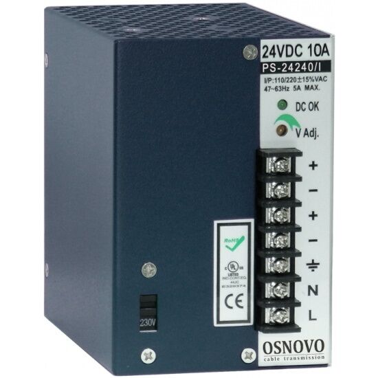 Блок питания OSNOVO PS-24240/I промышленный. DC24V, 10A (240W). Диапазон входных напряжений: AC115, 230V. КПД: 82%. Регу