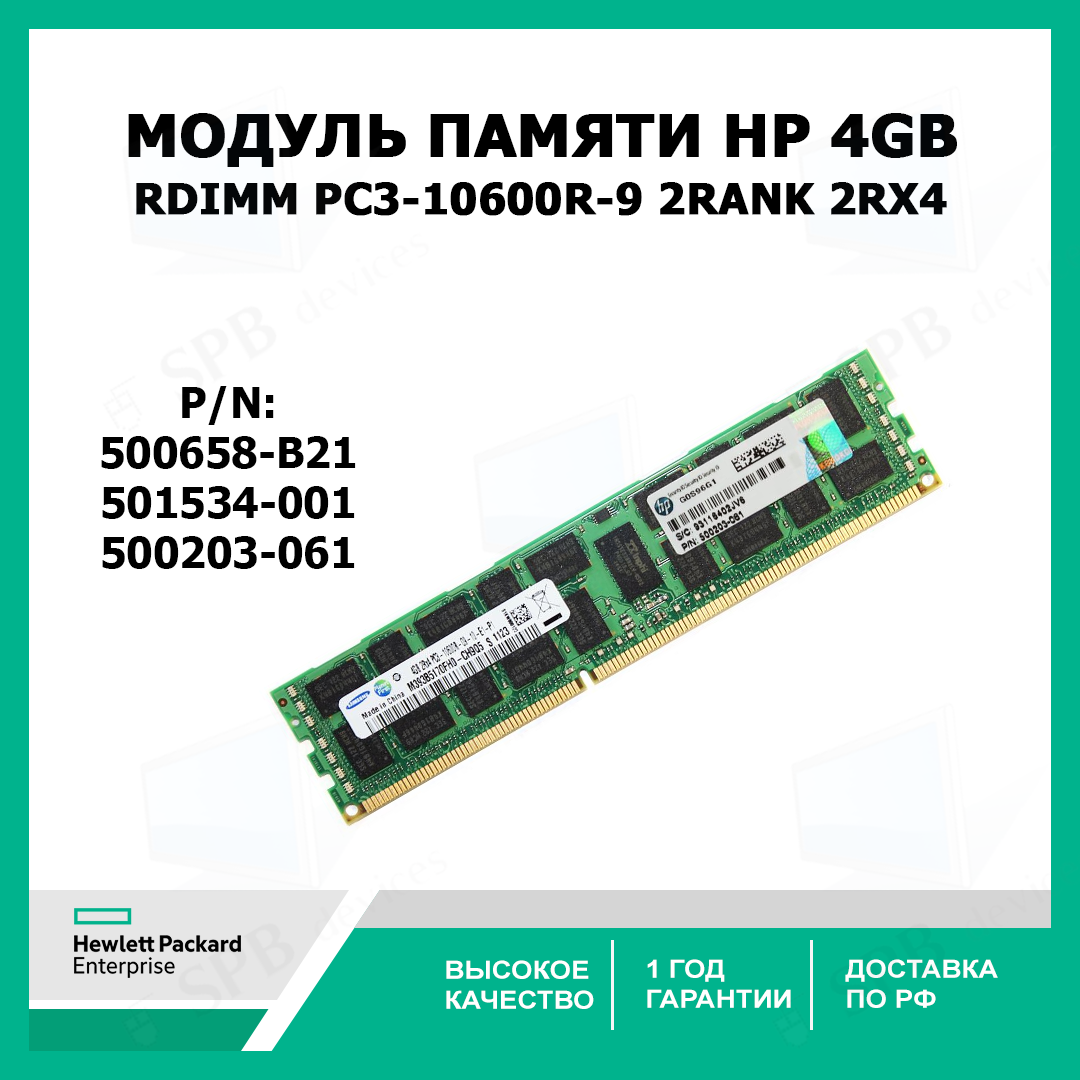 Модуль памяти HP 4GB RDIMM PC3-10600R-9 2Rank 2Rx4 (500658-B21) 501534-001, 500203-061