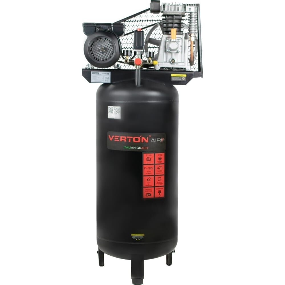 Компрессор VERTON Air AC-100/420V вертикальный бак, масляный ременной 420л/мин,100л,12бар, 2,5кВт, 230В, рапид 01.12210.